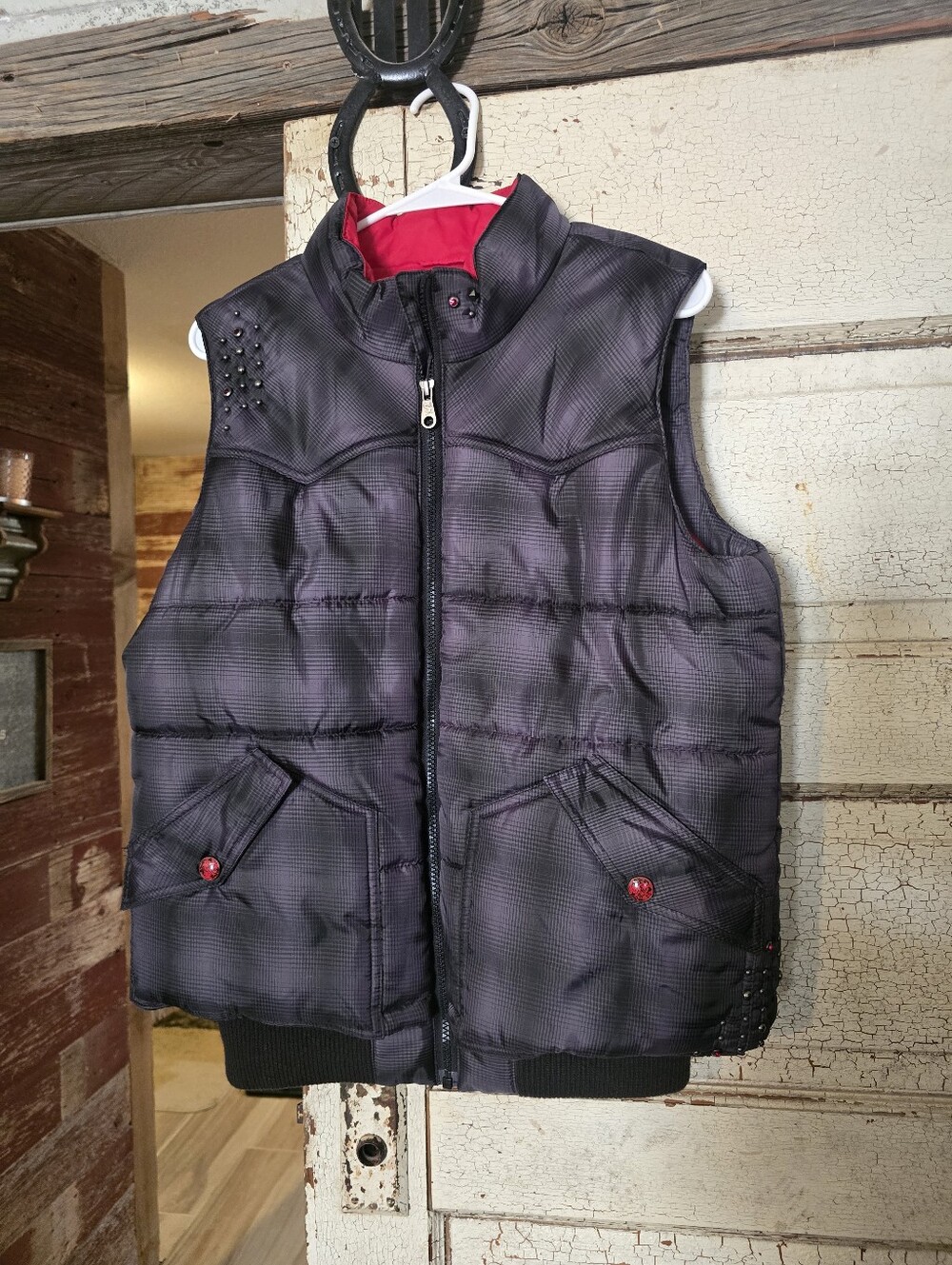 Women's CRUEL GIRL western Punk Quilted Puffer Vest - Black with Red Lining